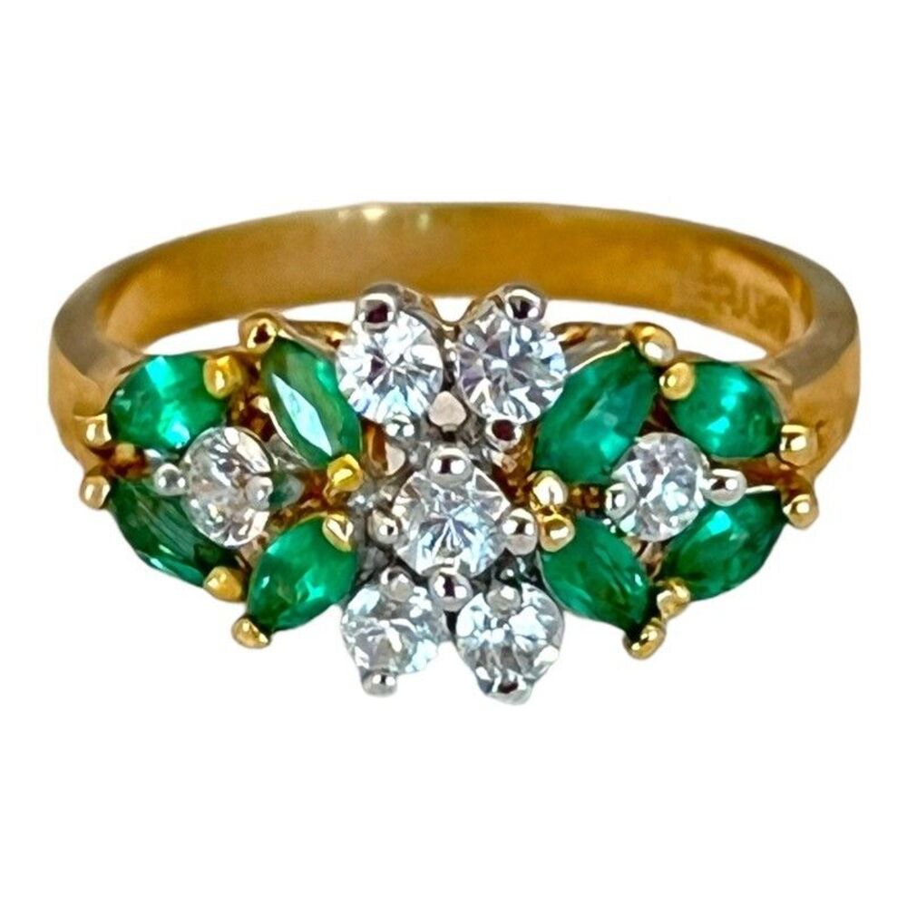 Vintage 1980s Green Crystal Ring Size 5 14KT Gold Plate CZ Accents - 14C